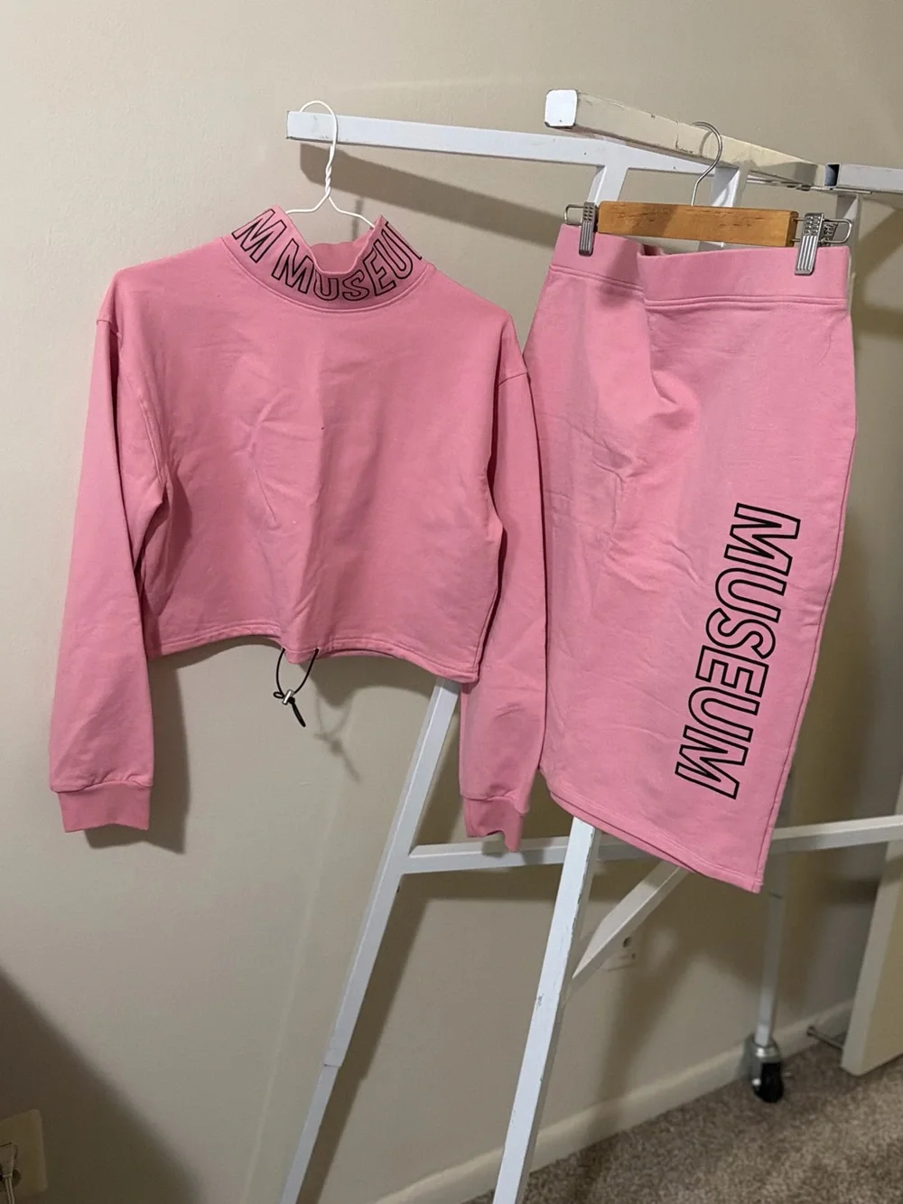 Pink 'MUSEUM' Cropped Sweatshirt & Midi Skirt Set